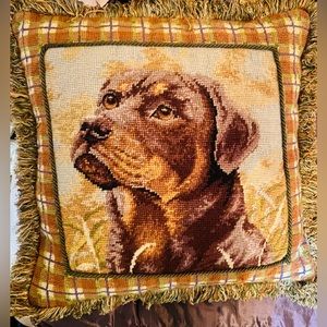Vintage wool needlepoint decorative pillow lab retriever green velvet